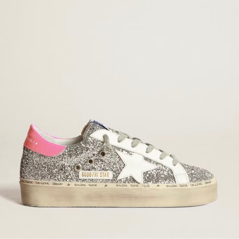 Golden Goose Hi Star Silver Glitter with Pink Heel Sneakers